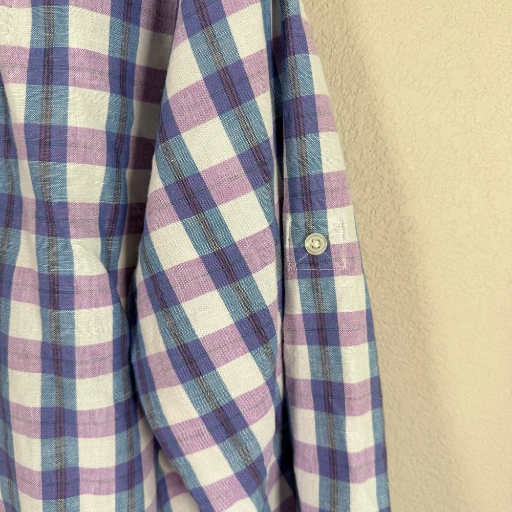 Banana Republic Linen Blend Button Up Shirt Mens L Purple Plaid Roll Tab Sleeve